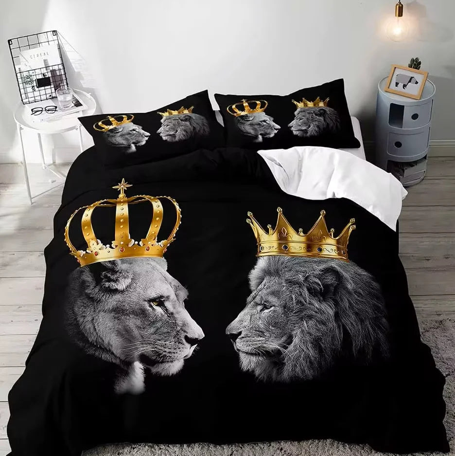 Juego de cama de tamaño completo para parejas, funda de edredón, decoración de dormitorio, León, Rey y Reina, Animal Safari africano, color negro, 3 piezas