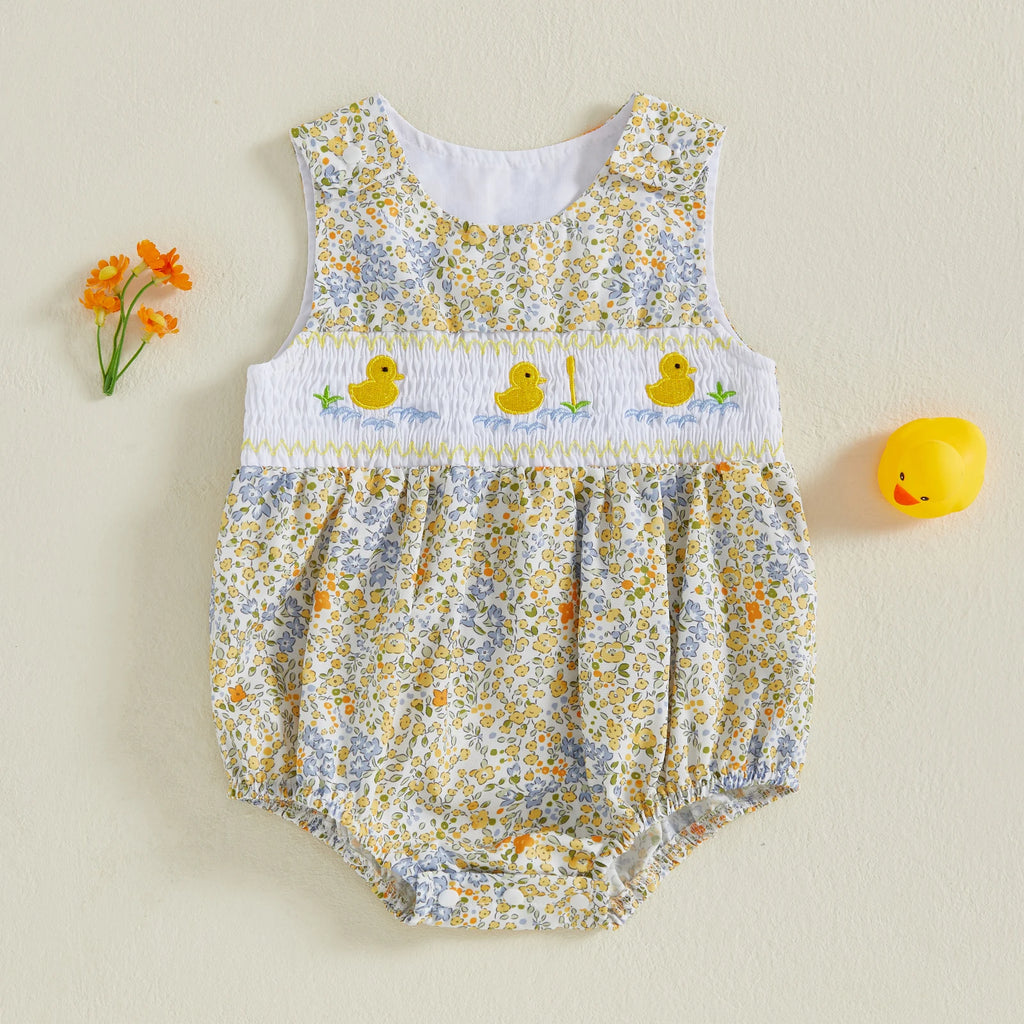 Lindo pelele de verano para bebé niña con bordado de pato, sin mangas, cuello redondo, dulce mono floral, trajes de sol
