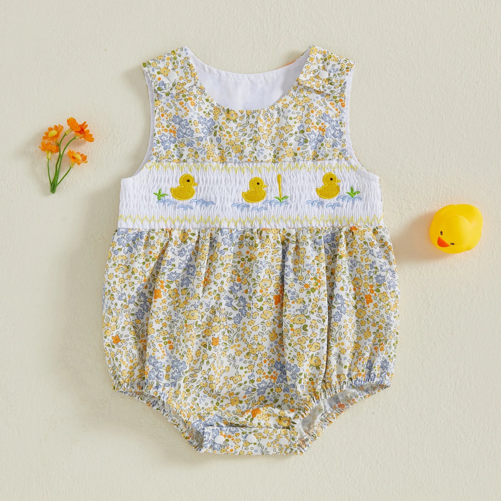 Lindo pelele de verano para bebé niña con bordado de pato, sin mangas, cuello redondo, dulce mono floral, trajes de sol