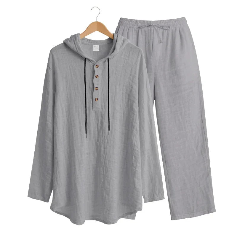 Conjunto informal holgado de lino para hombre, camisa Henry de manga larga y pantalones largos, conjunto cómodo y transpirable a la moda para otoño 2025