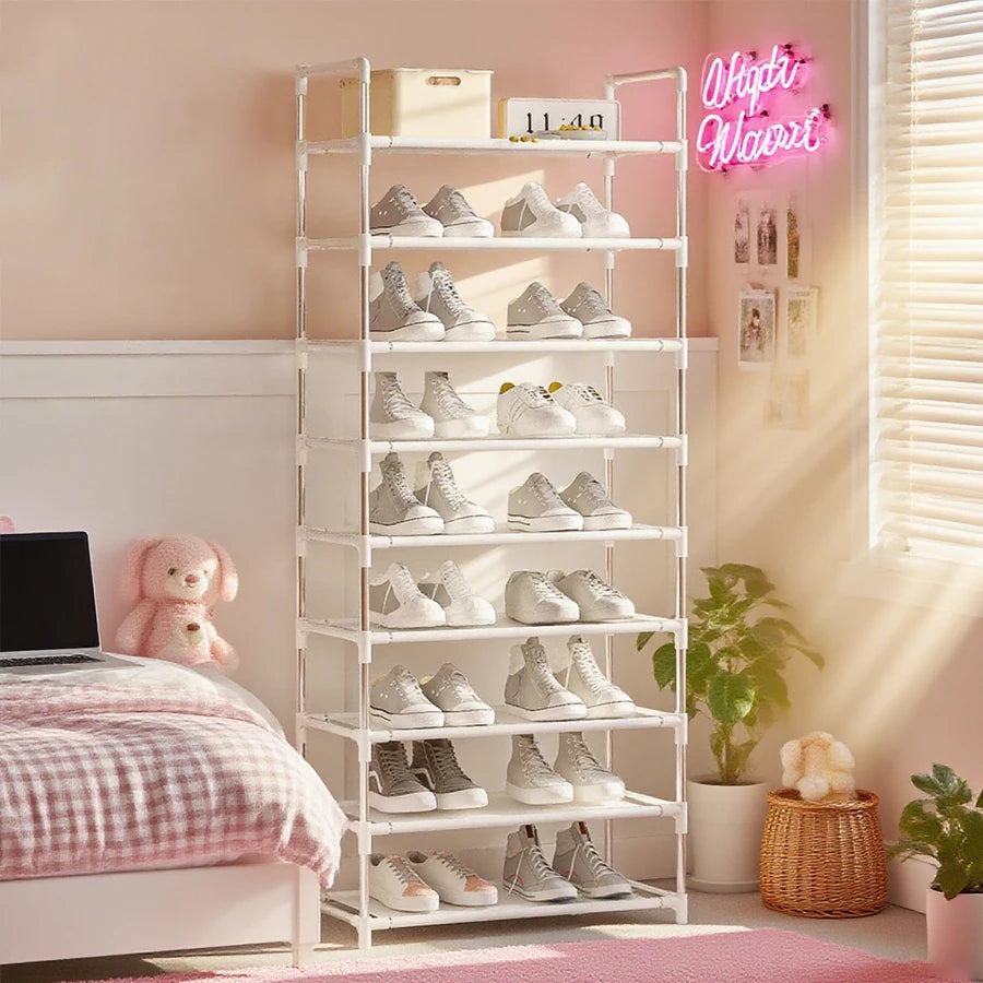 Este zapatero metálico multifuncional de 9 niveles es un organizador compacto para la entrada y una solución sencilla para guardar zapatos en casa, ideal para entradas, dormitorios y pasillos. Es fácil de montar