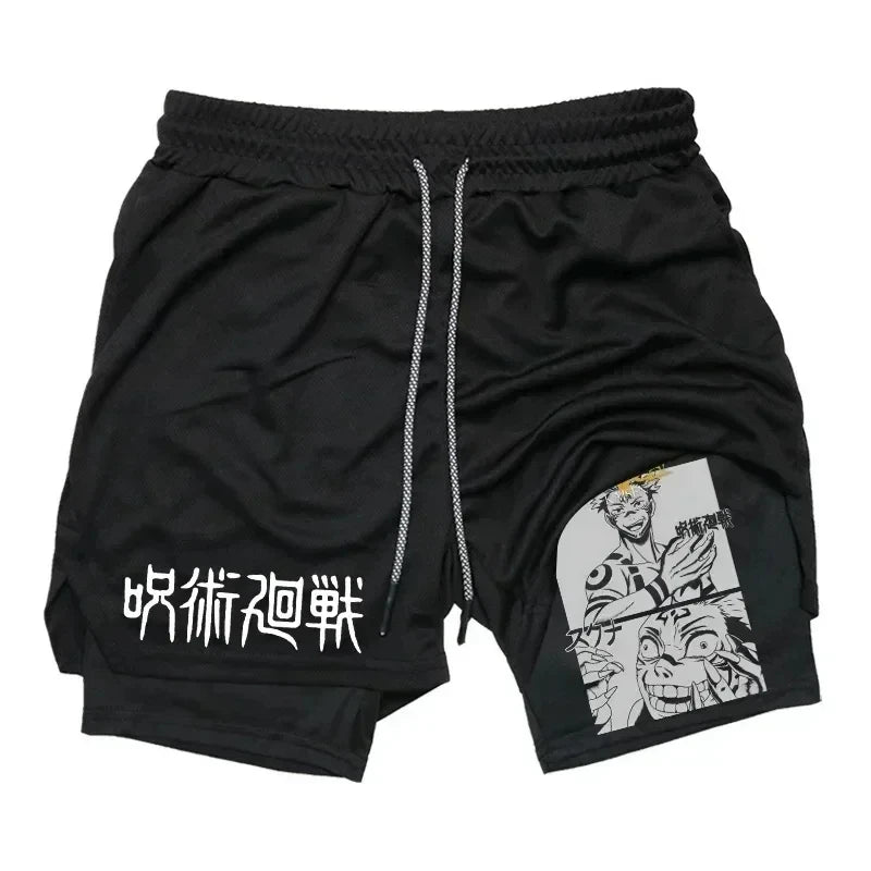 Pantalones cortos deportivos para hombre Jujutsu Kaisen Anime Graphic 2 en 1 pantalones cortos de compresión para hombre pantalones cortos de rendimiento de gimnasio de secado rápido atléticos