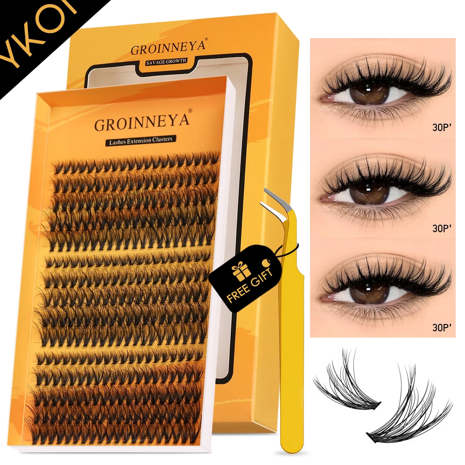 GROINNEYA grupos de pestañas pestañas de gato extensiones de pestañas individuales tenues volumen grupos esponjosos pestañas DIY maquillaje de pestañas