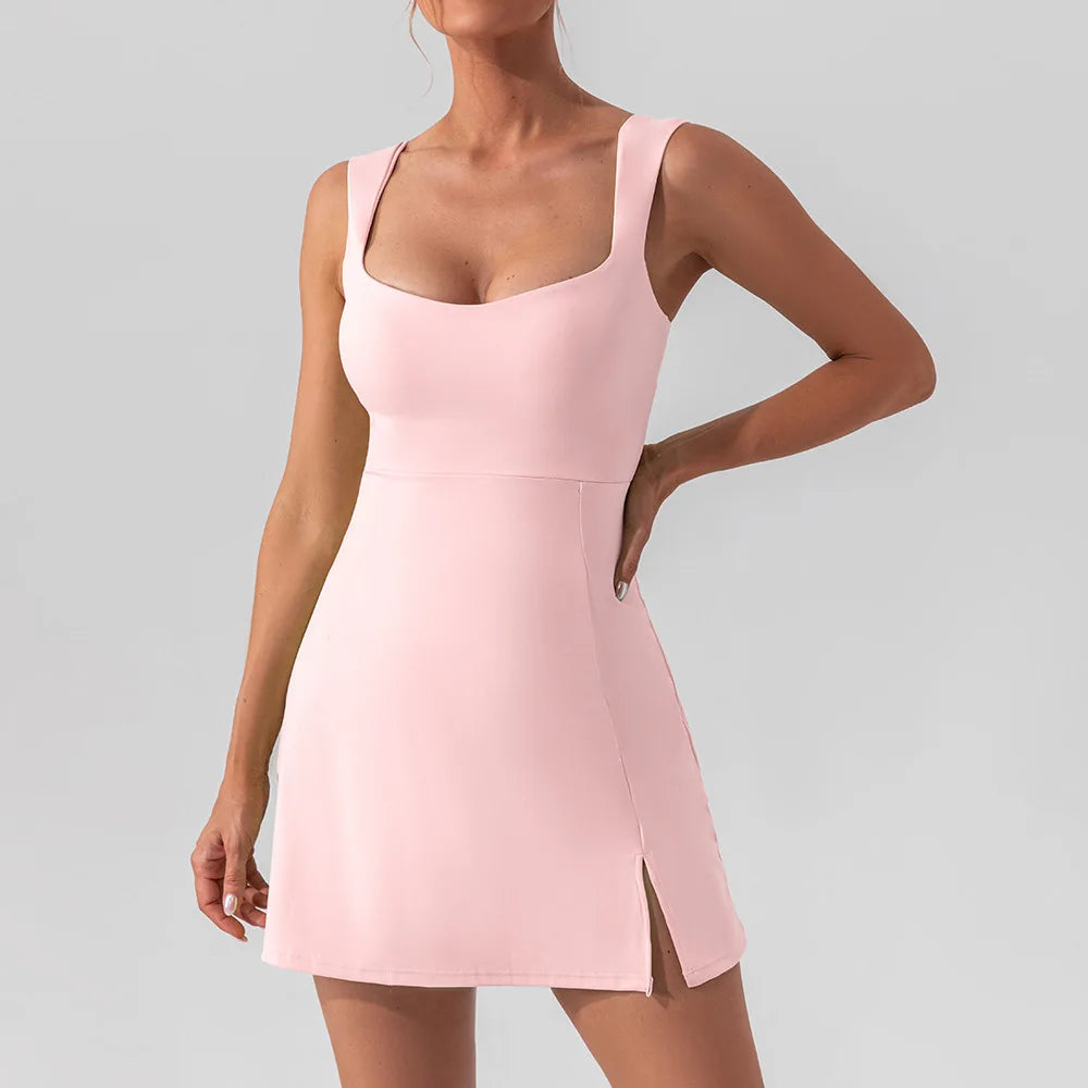 Vestido de Tenis Sexy, Suave, de Color Sólido, Vestido Deportivo de Golf para Mujer, Transpirable, Traje de Yoga de Una Pieza, Ropa Deportiva para Correr al Aire Libre