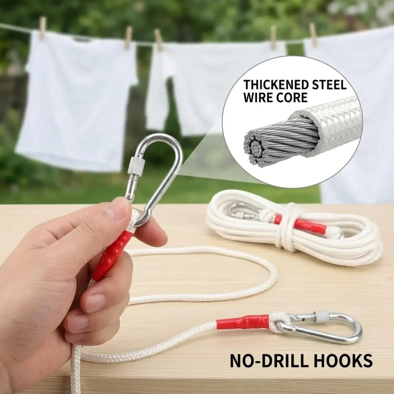 Cuerda de lavandería portátil a prueba de viento con núcleo de alambre de acero para secar ropa, ideal para camping y viajes al aire libre, con doble mosquetón.