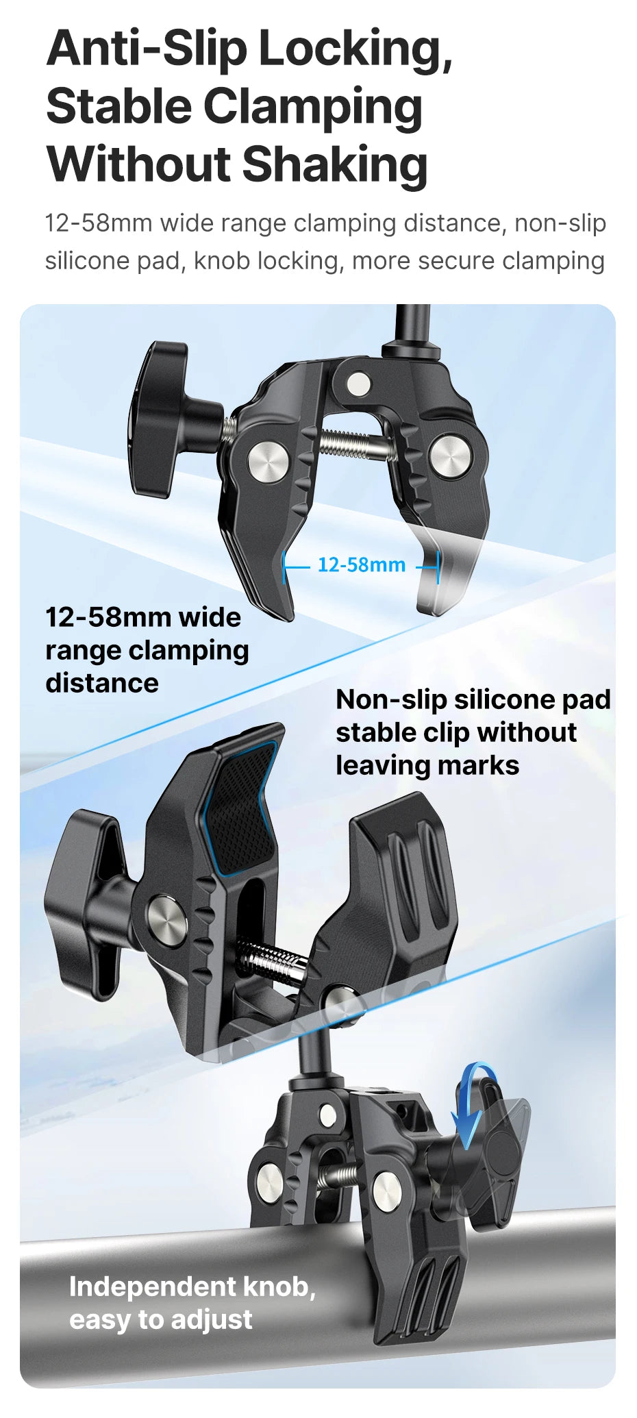 La abrazadera Ulanzi CO17 Super Clamp se puede fijar a rieles de bicicleta, trípode de motocicleta con cabezal de doble bola para cámara de acción panorámica.