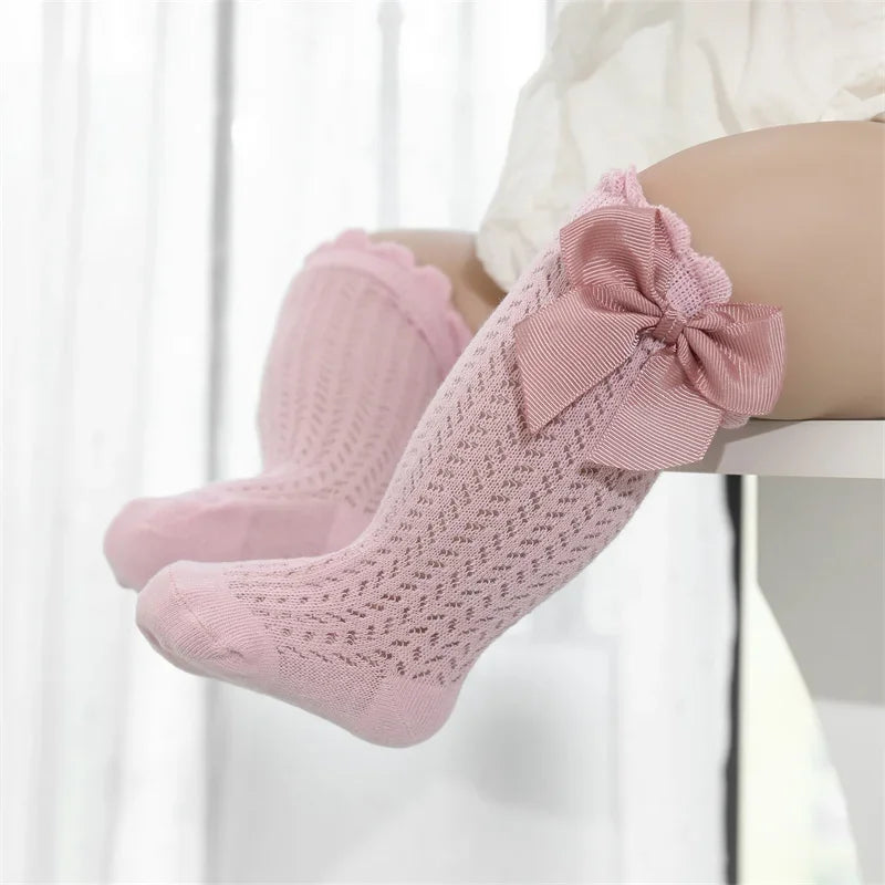 Calcetines hasta la rodilla para bebé de 0 a 36M, calcetines largos hasta la rodilla de malla de algodón con lazo grande para niño pequeño, calcetines largos de princesa para niña 2025