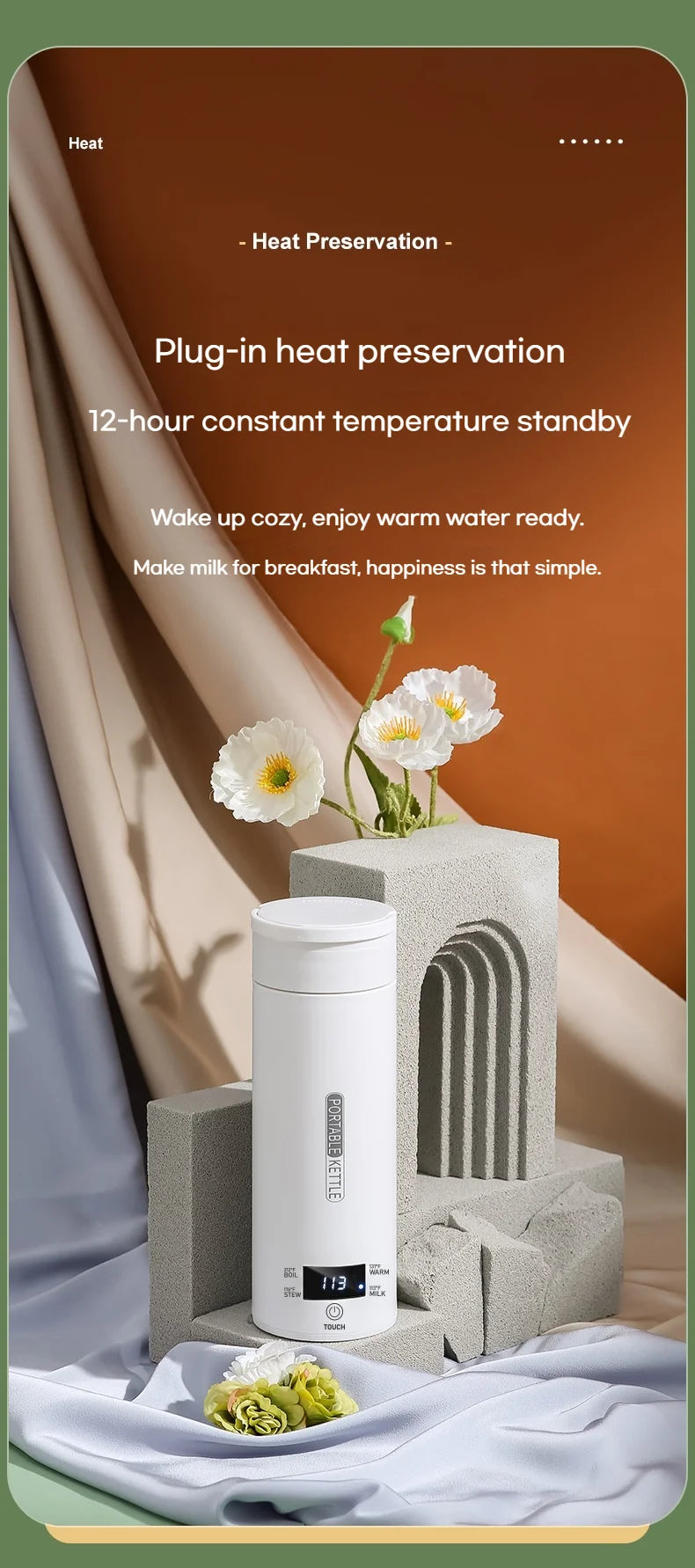 Hervidor Eléctrico Portátil de 450 ml, Taza Térmica para Té y Café, Hervidor de Agua de Viaje, Botella de Agua Anti-Escaldaduras, Menú en Inglés