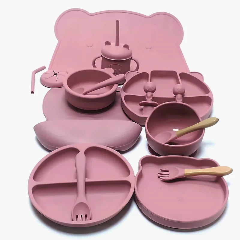 Juego de vajilla de silicona para niños, 16 piezas, taza de succión adicional, tazón, cuchara, madre y bebé