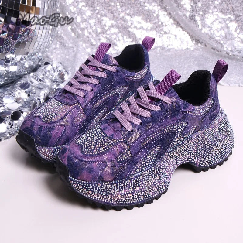 Zapatillas gruesas con diamantes de imitación para mujer, zapatos informales con cordones y suela gruesa, zapatos vulcanizados con plataforma vaquera de lujo para mujer 35-42