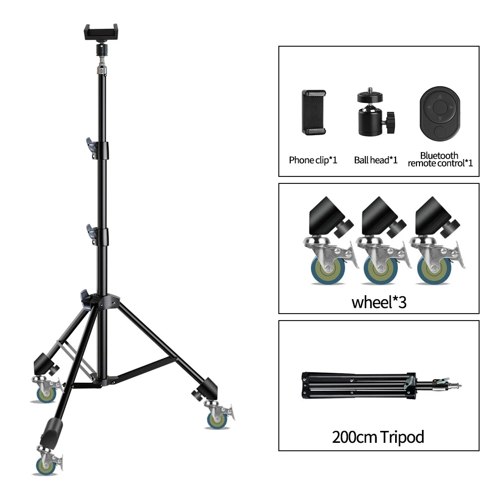 Trípode extensible SH de 190cm con tornillo y ruedas de 1/4, control remoto por Bluetooth para cámara DSLR, trípode de micrófono con luz de relleno para teléfono inteligente