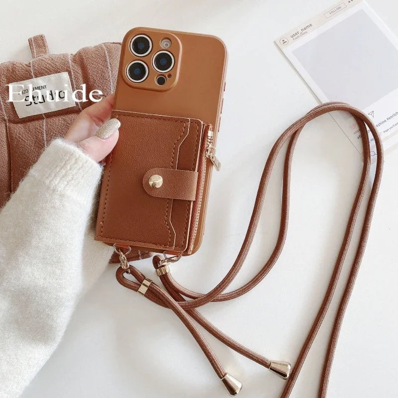 Funda con correa tipo billetera para iPhone 16 15 16Pro Max 11 12 13 14 Plus X XR XS Max ranuras para tarjetas cordón cruzado funda de silicona de cuero PU