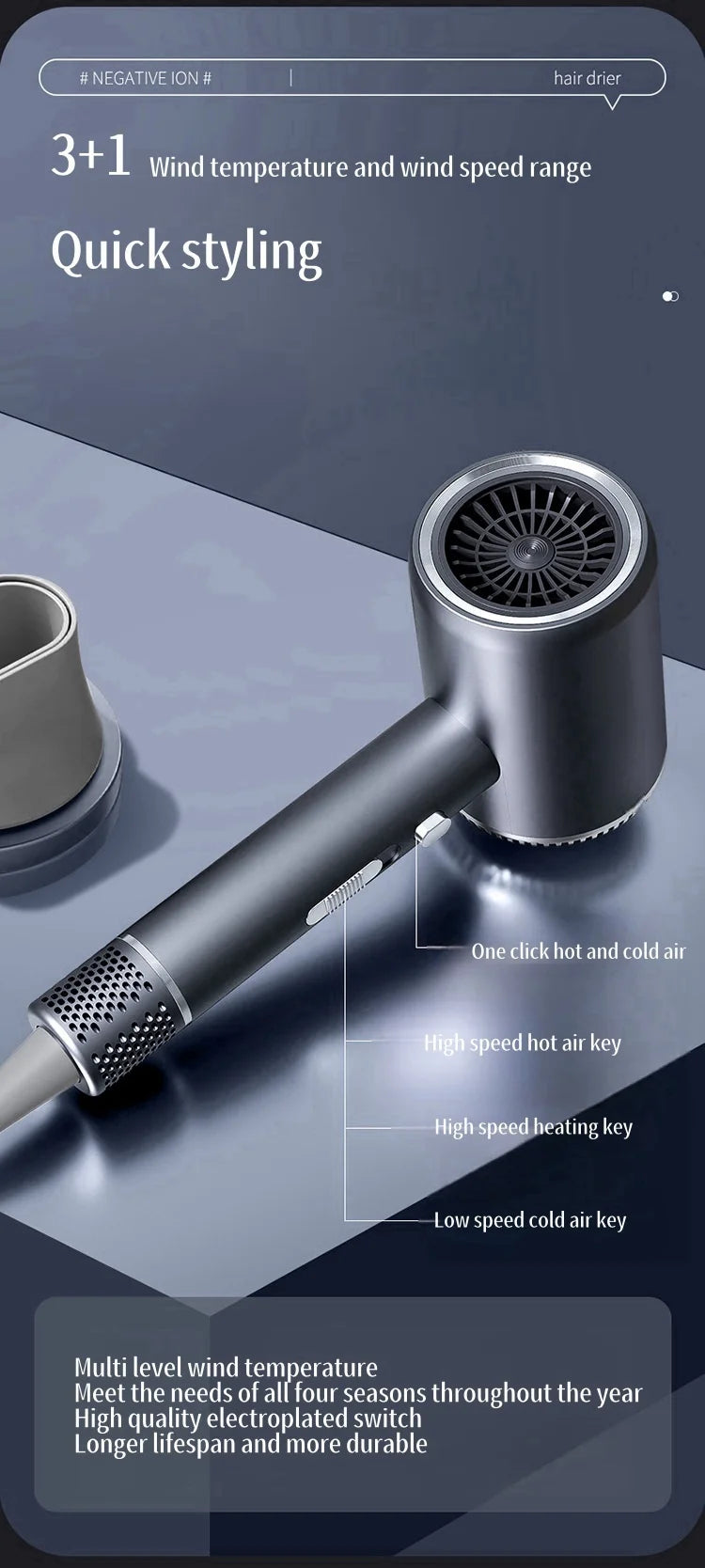 Secador de Pelo de Alta Velocidad de 110000 RPM con Luz Azul 3D de Iones Negativos, Cuidado del Cabello, Silencioso, Difusor para el Hogar y Salón de Belleza, 220V