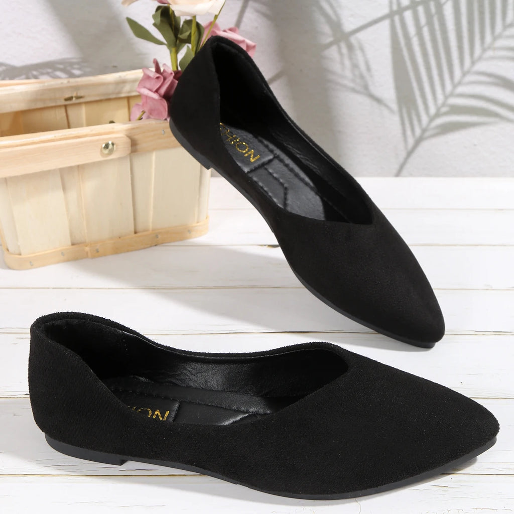 Zapatos planos de gamuza con punta en pico para mujer, estilo casual con corte en V, cómodos para el trabajo y la oficina, suela suave, mocasines sin cordones.