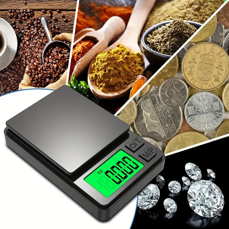 Báscula de bolsillo de precisión 1000 g x 0,01 g - Balanza digital de gramos, alimentos, joyas, onzas/granos con LCD retroiluminado - Mini báscula para viajes
