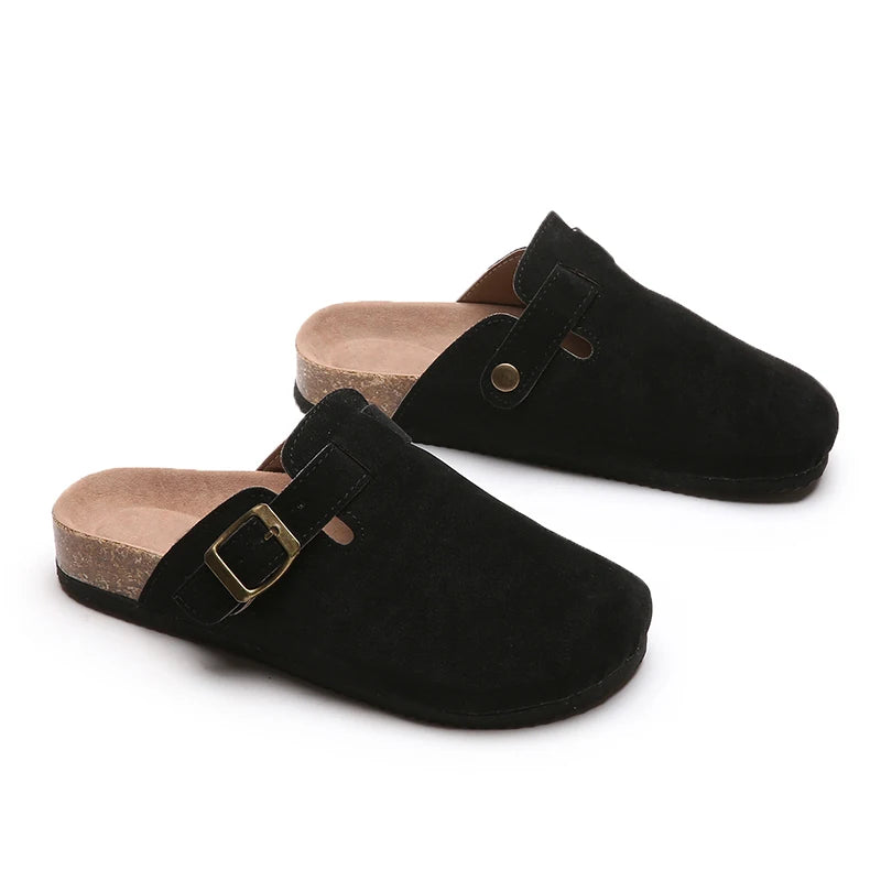 Sandalias de medio arrastre, zuecos para mujer, zapatillas de gamuza de corcho a la moda, zapatillas clásicas antideslizantes de corcho para exteriores con arco