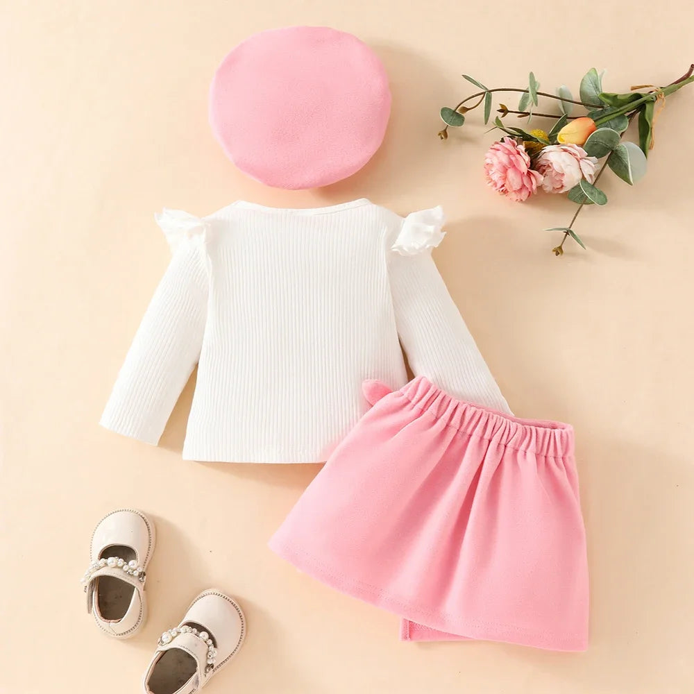 Conjunto de ropa de Año Nuevo para niñas de 0 a 3 años, Top de manga larga con lazo grande, falda Irregular y boina, ropa de Navidad para niños pequeños de 3 uds.