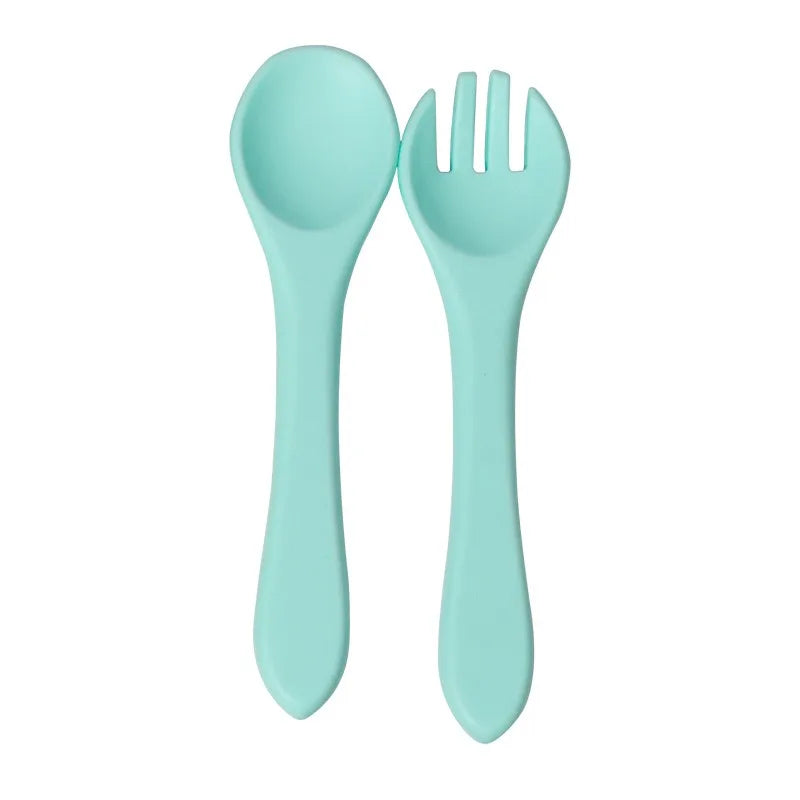 Juego de Cuchara y Tenedor de Silicona de Grado Alimenticio para Bebés, Utensilios de Alimentación para Niños Pequeños con Mango Largo y Cabeza Suave para Alimentos Infantiles
