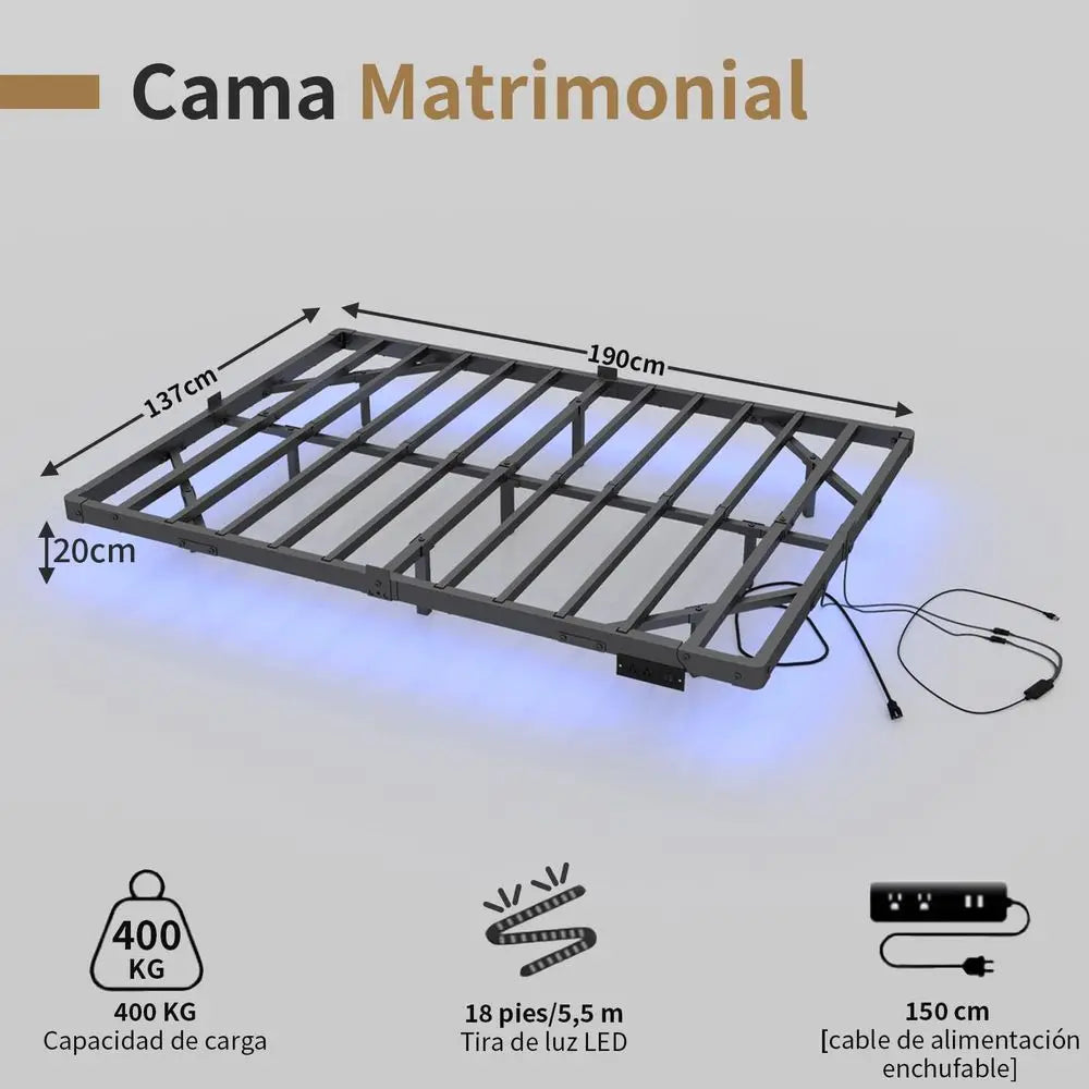 ESPACIO Base de Cama Matrimonial Flotante, Base de Cama LED con Estación de Carga, con Láminas de Acero de Alta Resistencia, No Requiere