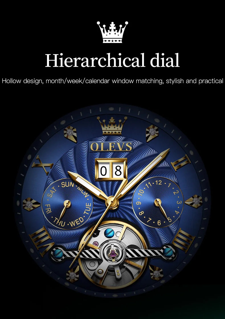 OLEVS 9910 Reloj para hombre Tourbillon de lujo Original Reloj mecánico automático Reloj luminoso resistente al agua con fecha y día con caja Reloj