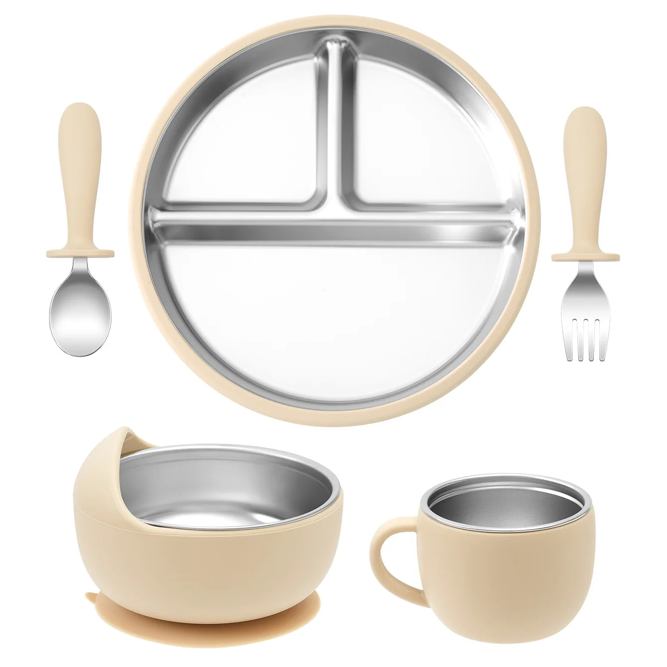 Juego de alimentación de bebé con plato de platos de acero inoxidable, cuenco con ventosa de silicona desmontable, sin BPA, tenedor infantil, cuchara, regalos, 5 uds.