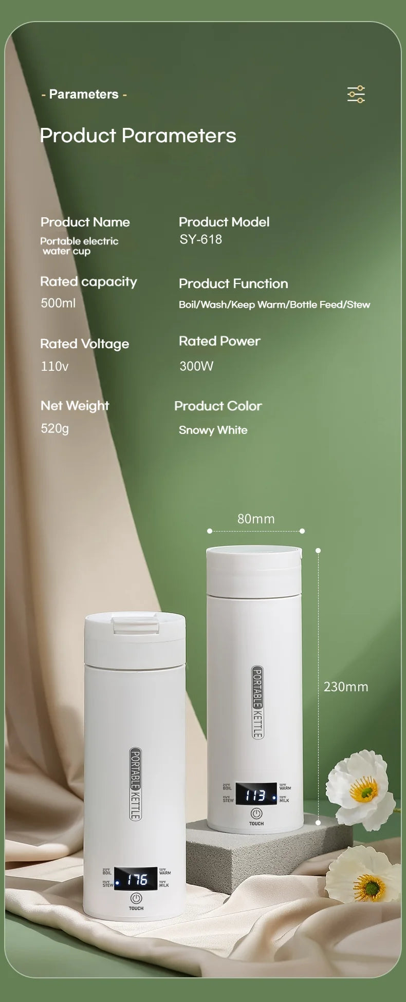 Hervidor Eléctrico Portátil de 450 ml, Taza Térmica para Té y Café, Hervidor de Agua de Viaje, Botella de Agua Anti-Escaldaduras, Menú en Inglés