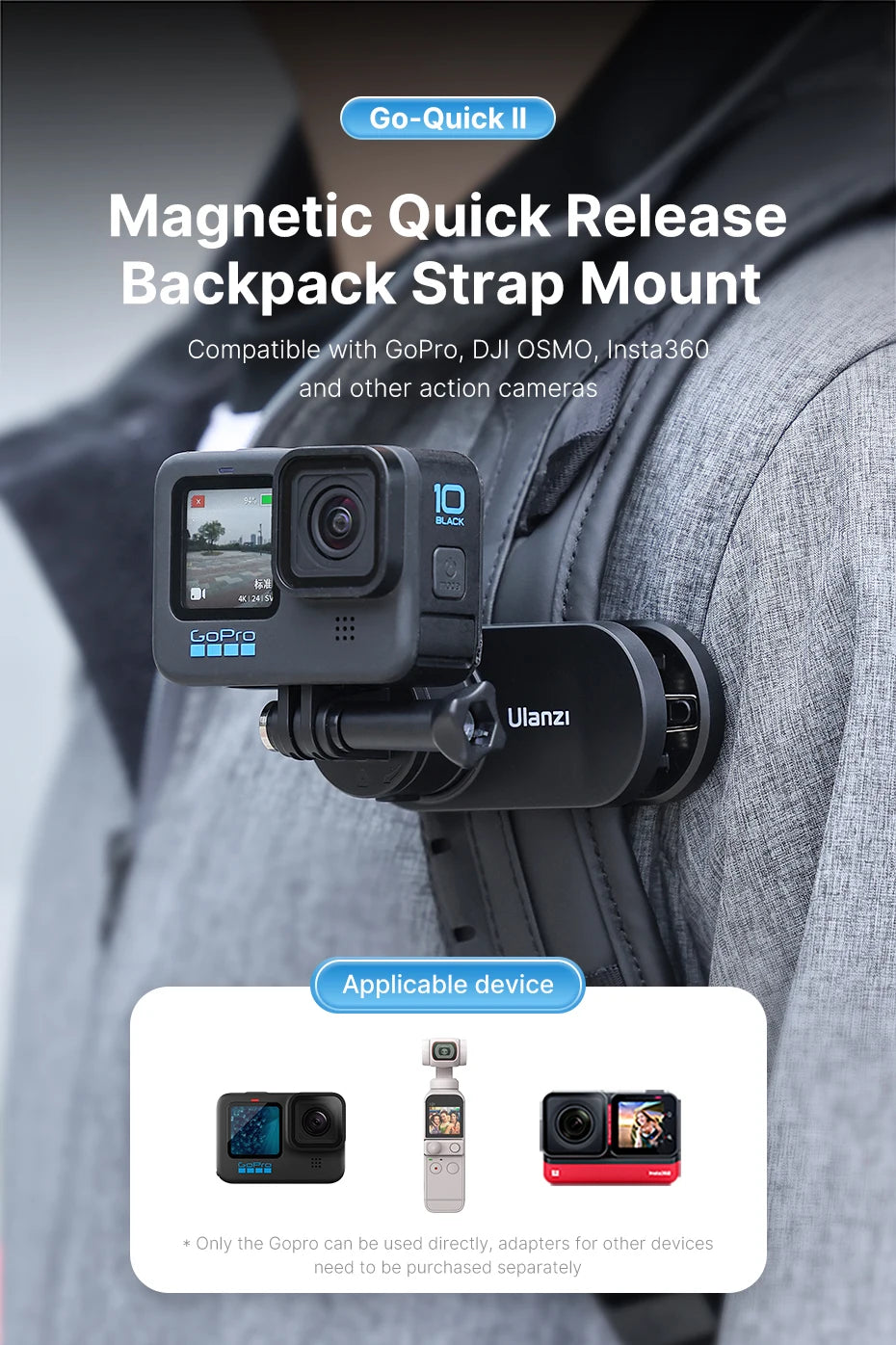 Ulanzi Go-Quick II Soporte magnético para correa de mochila de liberación rápida para Gopro para DJI OSMO para sistema QR de cámara de acción Insta360