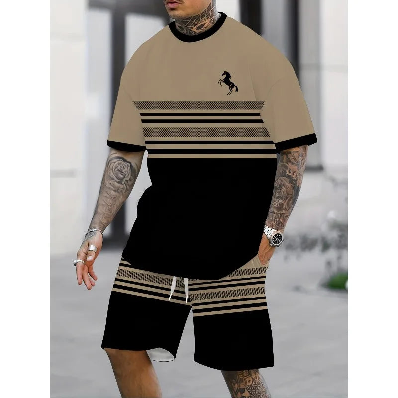 Conjunto informal de dos piezas con estampado 3D a rayas para hombre, camiseta de manga corta y pantalones cortos, conjunto para deportes al aire libre diarios de tela de poliéster
