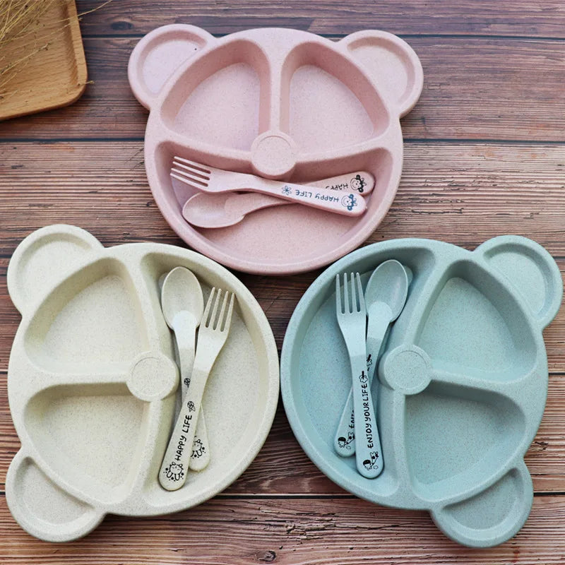 3 unids/set vajilla de alimentación de comida para bebé tazón de oso de dibujos animados + cuchara + tenedor vajilla para comer platos para niños plato de comedor para niños