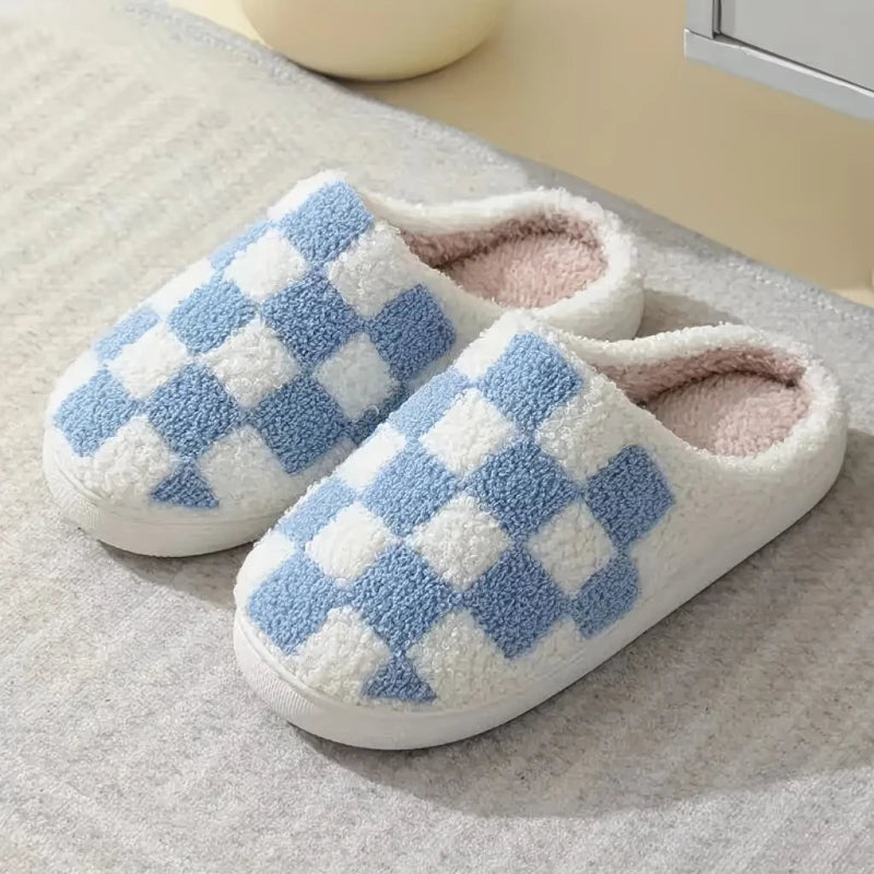 Zapatilla a cuadros para mujer, invierno cálido, hogar, dibujos animados Kawaii, Contton de felpa, interior, divertido, lindo, peludo, zapatos de suelo para casa, tablero de ajedrez femenino