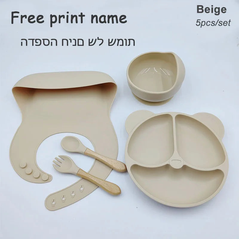 Vajilla de silicona para niños, juego de alimentación de bebé, plato de dibujos animados, nombre personalizado, taza con ventosa, plato, babero, regalo para recién nacido, 8 Uds./5 uds.