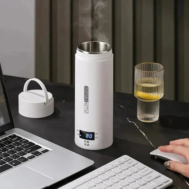 Hervidores eléctricos de 450ML, hervidor portátil para té y café, taza térmica para hervir agua de viaje, botella de agua antiescaldaduras, menú en inglés