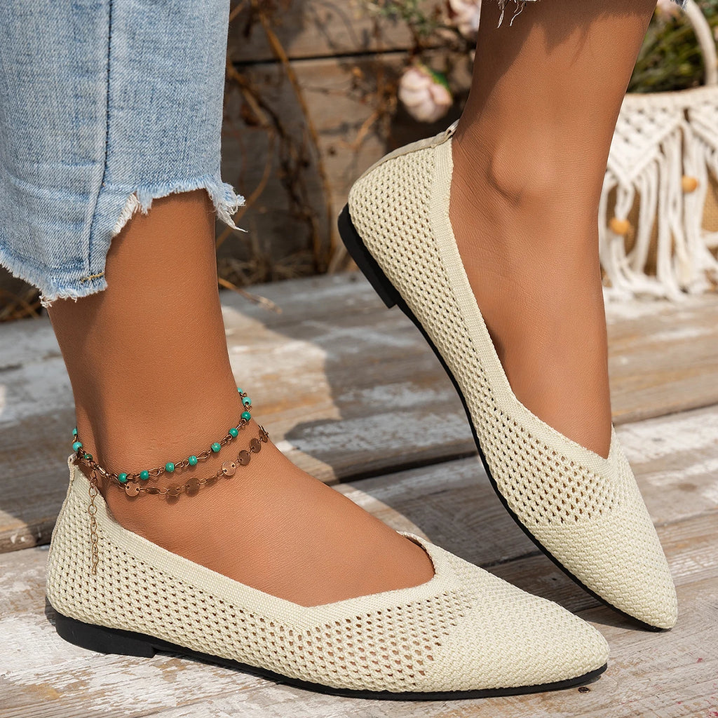Nuevos zapatos planos con punta estrecha para mujer, zapatillas de Ballet informales transpirables, mocasines ligeros de punto de Color sólido para mujer
