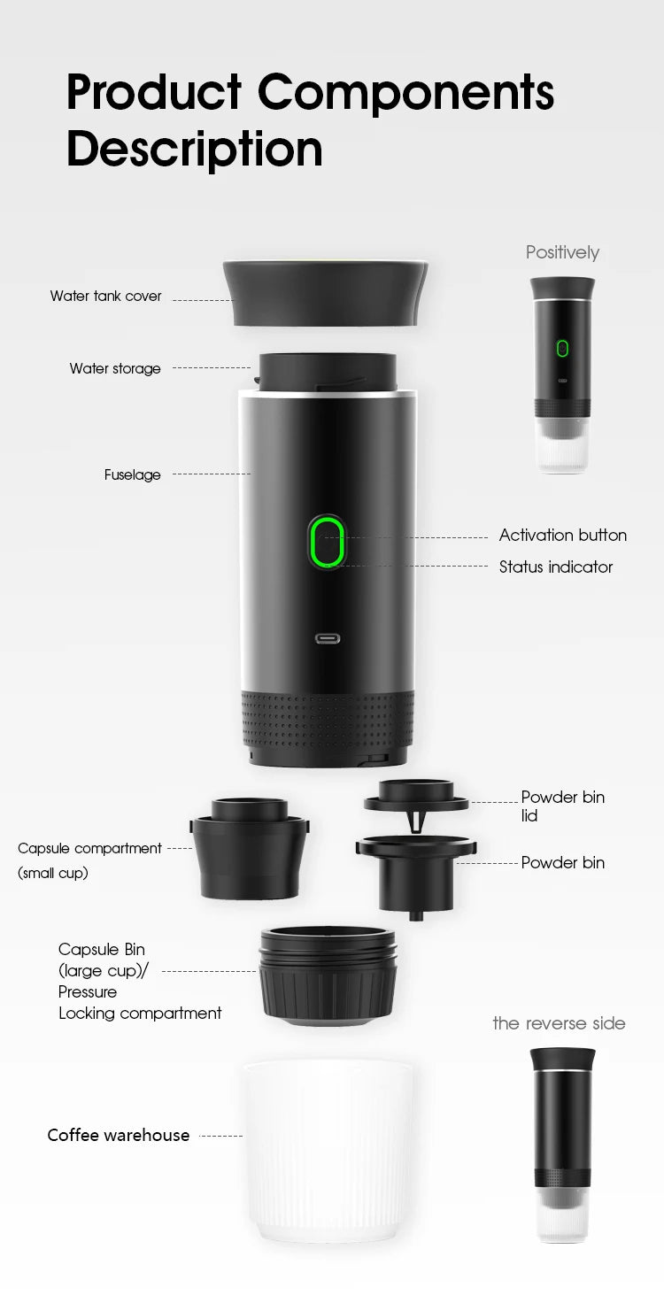 Cafetera Espresso portátil eléctrica inalámbrica para coche y hogar, cafetera para acampar, cafetera de viaje en polvo con cápsula 3 en 1