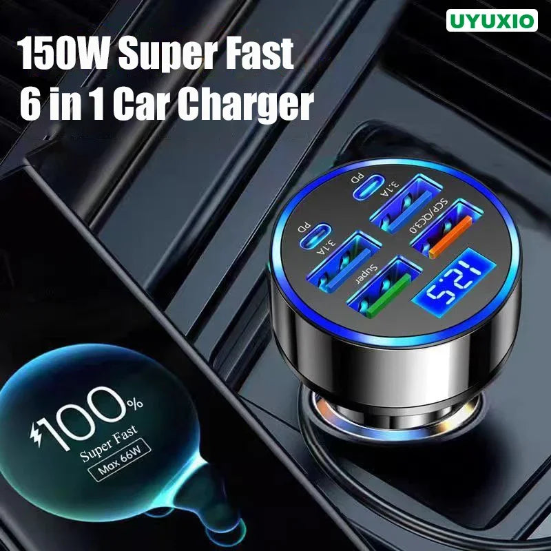 Adaptador de cargador de coche UYUXIO USB C con pantalla de voltaje 6 en 1 súper rápido en el coche para iPhone 16 15 Pro Max Samsung Android Phone