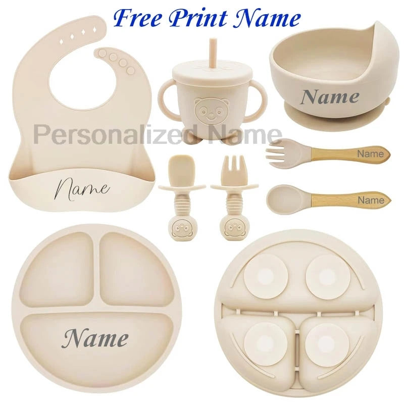 Juego de alimentación de bebé con nombre personalizado, plato de silicona para niños, tazón, taza de paja, vajilla personalizada para niños, suministros para bebés, regalo para recién nacidos