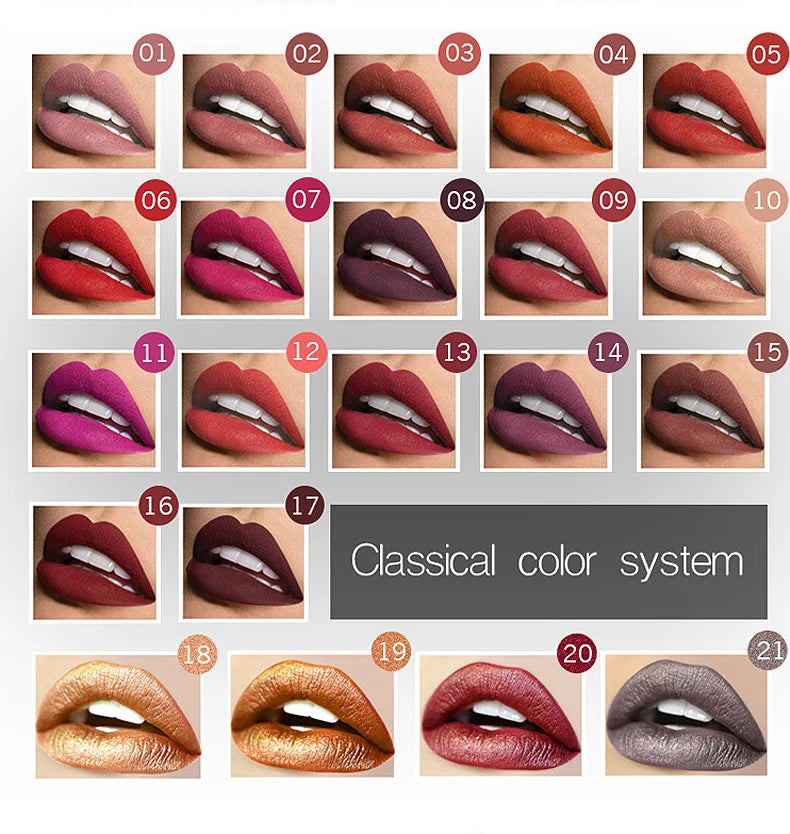 Lápiz labial líquido mate resistente al agua brillo de labios de larga duración tinte Sexy rojo desnudo púrpura lápices labiales metálicos cosméticos de maquillaje