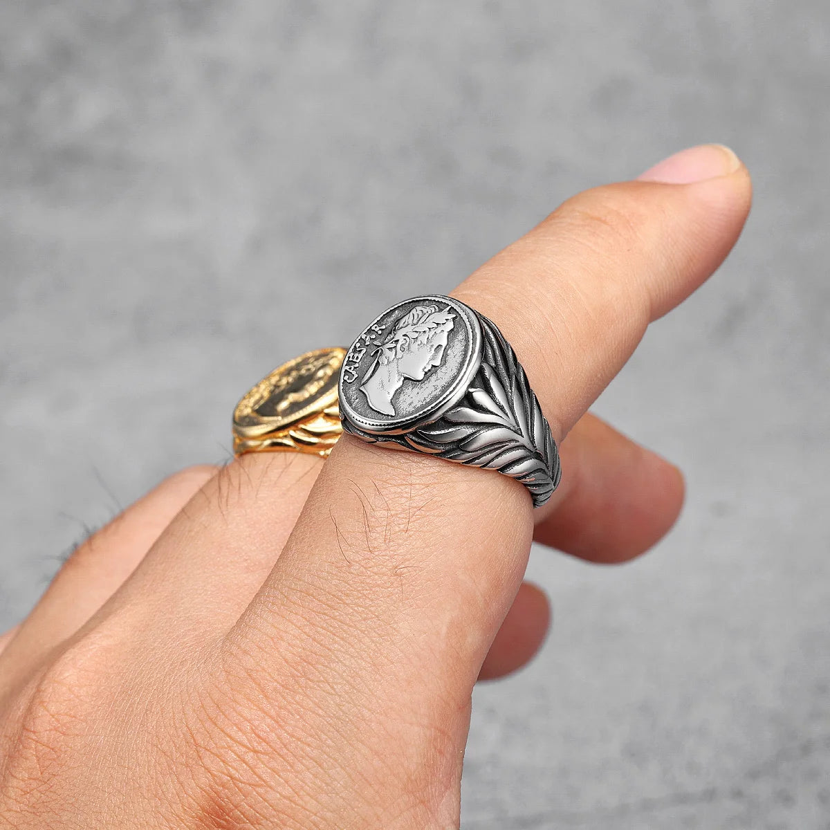 Anillo de cara César, anillos de acero inoxidable 316L para hombres, estatua de la victoria Roma, Punk Rock para motorista masculino, novio, joyería, regalo, triangulación de envíos
