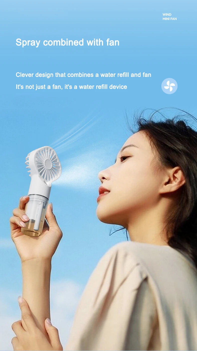 Ventilador de pulverización portátil de mano, ventilador de niebla de pulverización de agua, miniventilador de dormitorio de estudiantes, suministros de verano, herramientas de refrigeración, ventilador pequeño para exte