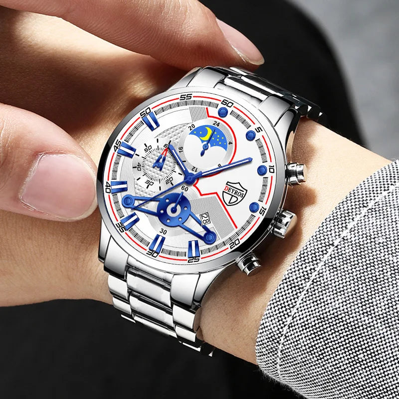 Reloj Hombre, relojes de negocios de lujo de 3 piezas para Hombre, Reloj deportivo de ocio con calendario completo para Hombre, Reloj de cuarzo de acero inoxidable para Hombre