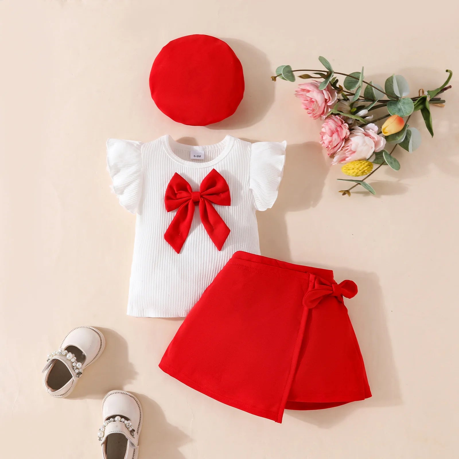 Conjunto de ropa de Año Nuevo para niñas de 0 a 3 años, Top de manga larga con lazo grande, falda Irregular y boina, ropa de Navidad para niños pequeños de 3 uds.