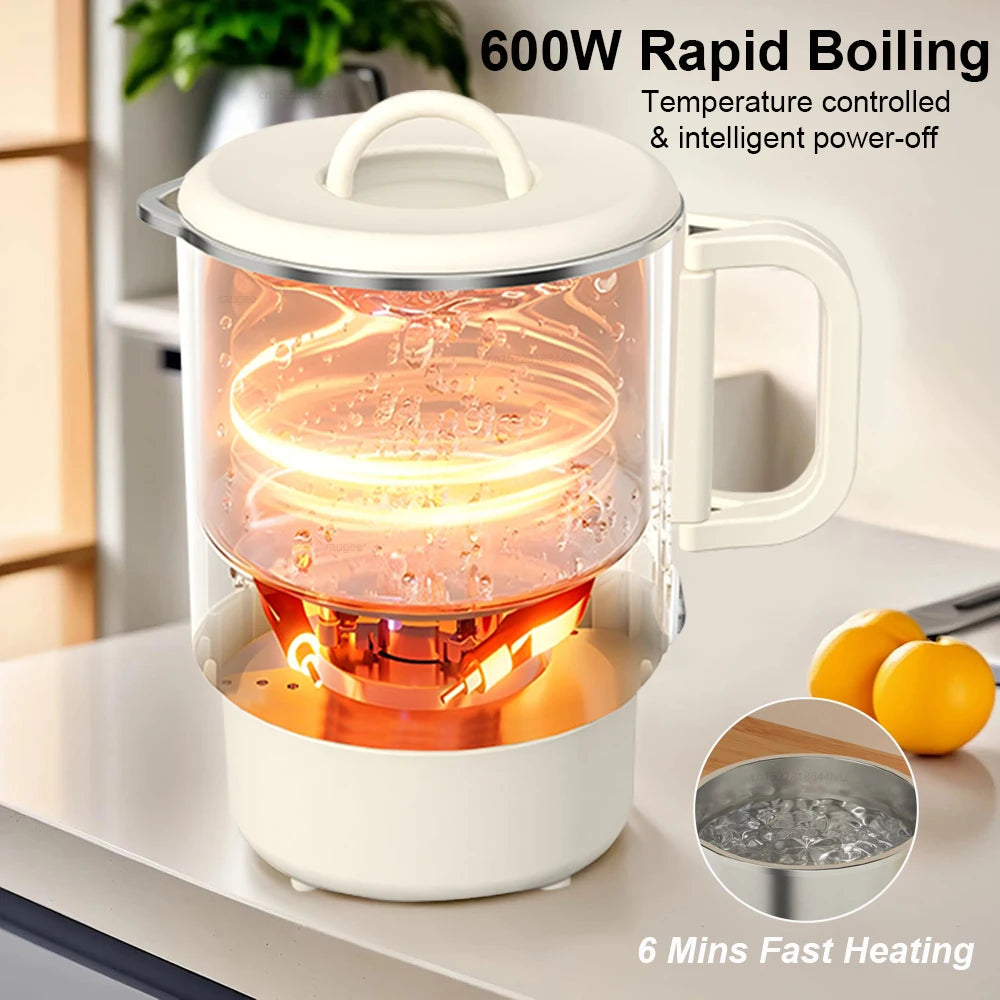 Hervidor de agua eléctrico, Mini hervidor portátil con rejilla para cocinar al vapor, 1000ml, gran capacidad, acero inoxidable, hogar, cocina, oficina, viaje