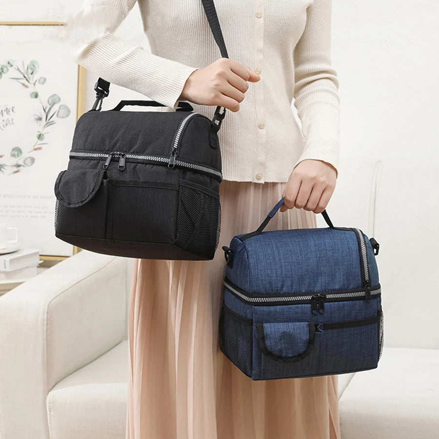 Bolsa térmica para el almuerzo, bolsa térmica de doble capa para acampar, hacer senderismo, viajar, picnic, nevera portátil con doble compartimento