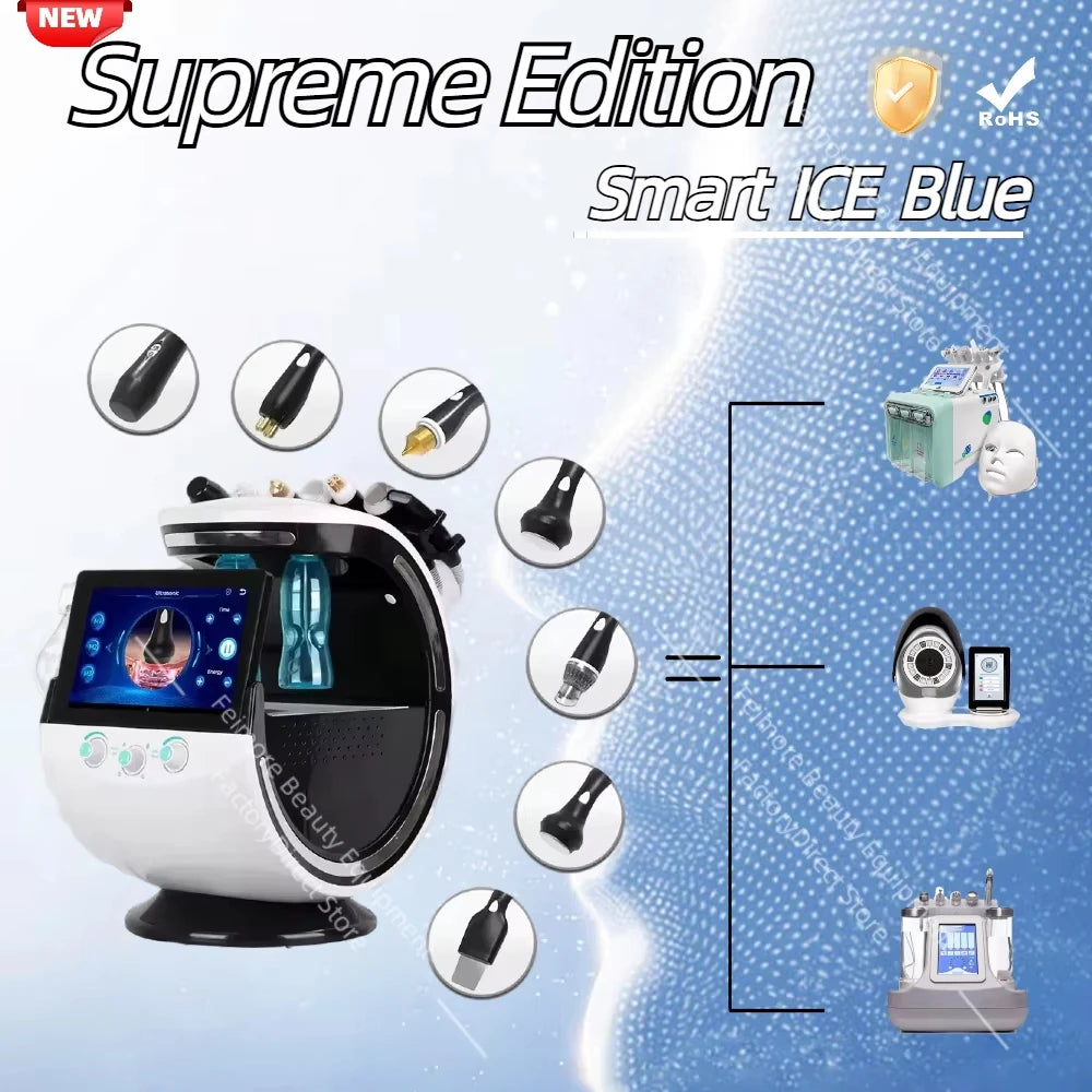 7 en 1 Analizador inteligente de azul hielo Máquina facial multifunción Diamond Hydra Dermoabrasión Facial Aquafacial