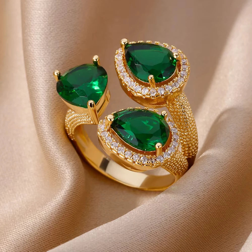 Anillos de acero inoxidable de lujo chapados en oro, piedra colorida, anillo de corazón de cristal de circón para mujer, joyería Bohemia de boda, regalo de Navidad