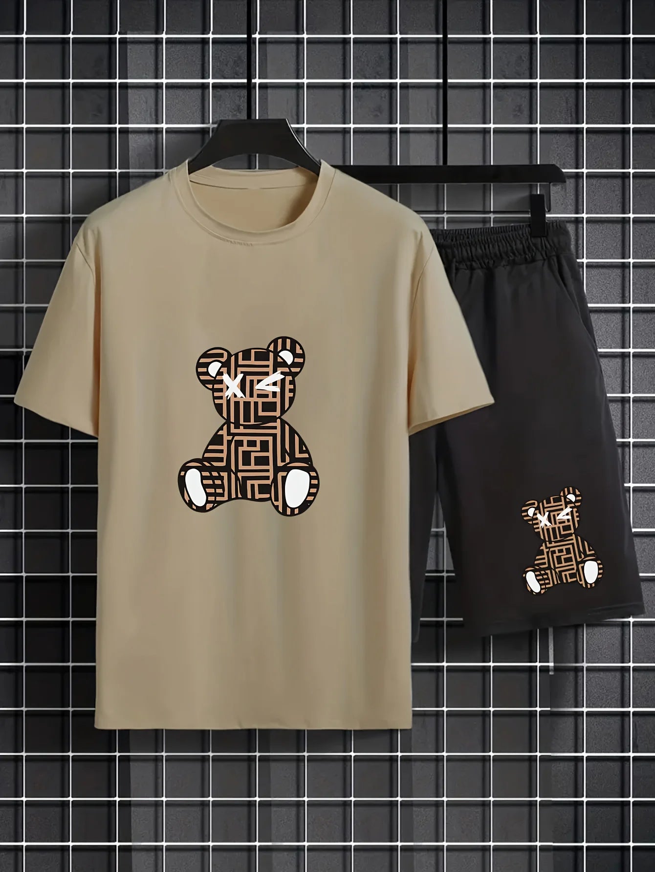 Conjunto Deportivo Casual de Verano para Hombre, Estilo Holgado, Moderno, con Estampado de Grafiti, Cuello Redondo, Manga Corta, Dos Piezas con Pantalones Cortos