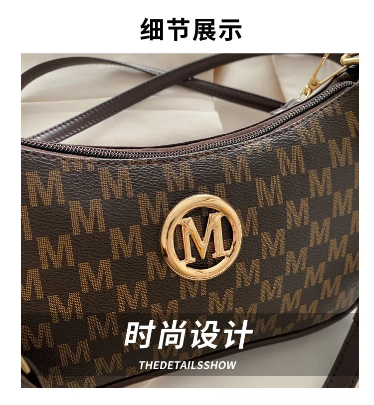 Bolso retro francés para axila, bolso de un hombro con estampado de letras y cadena cuadrada cruzada diagonal para mujer