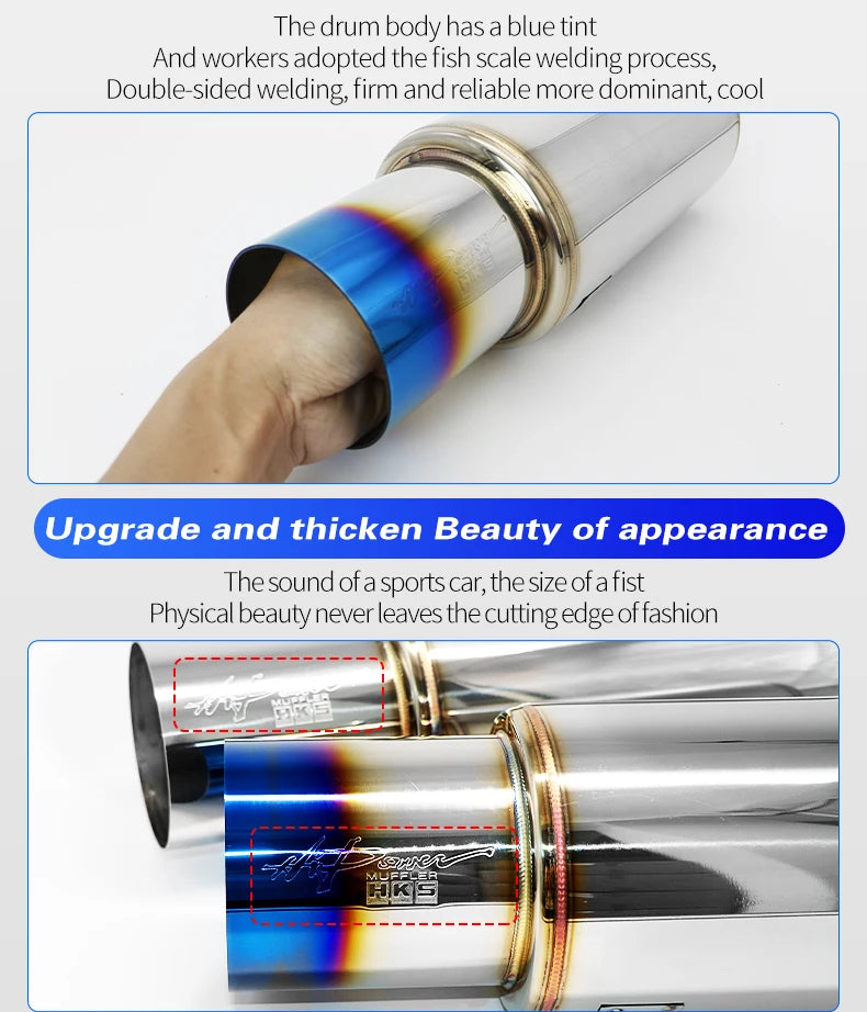 Tubo de escape de coche, piezas modificadas, silenciador HKS, tubo de escape recto, salida Universal 89MM, plata brillante, azul, acero inoxidable 51 63 76mm apto