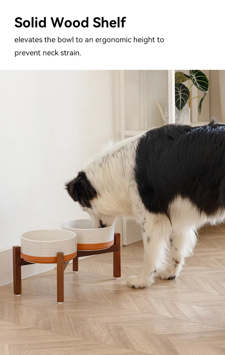 Cuencos grandes de cerámica para mascotas de 1800 ml con soporte de madera: platos de alimentación para perros grandes elevados dobles, cuencos antideslizantes para gatos
