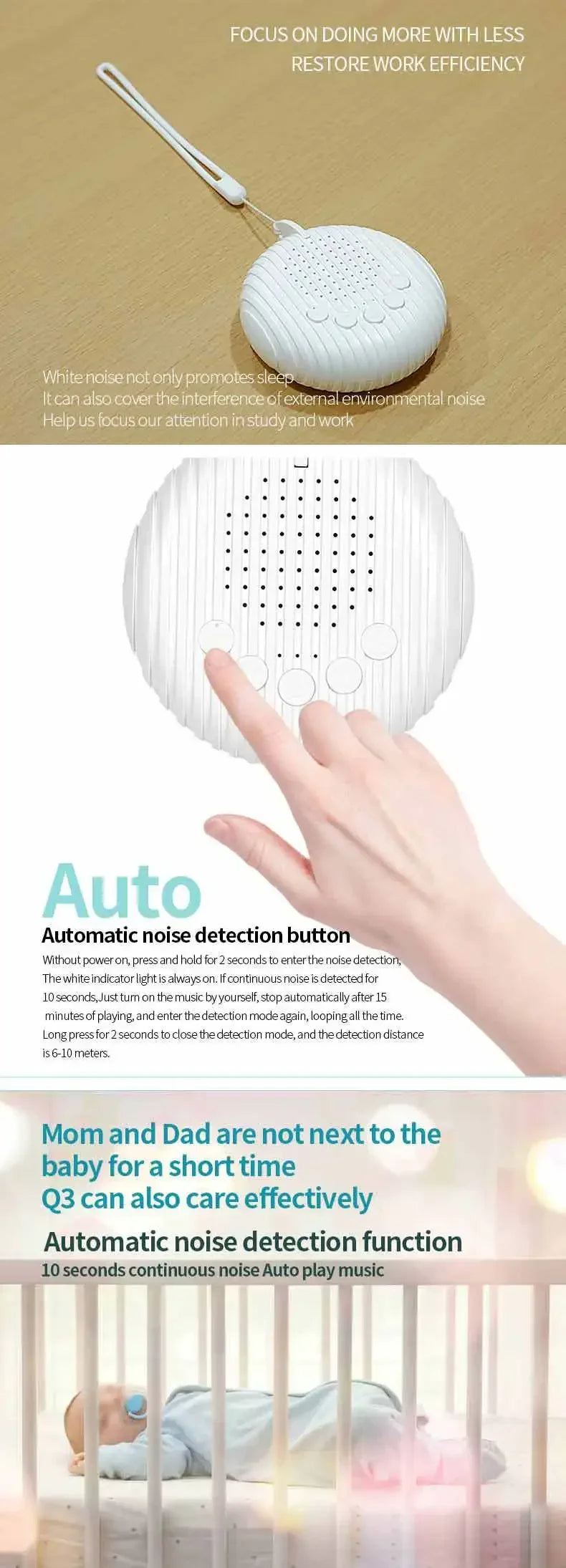 Máquina de Ruido Blanco para Bebés con 10 Sonidos Relajantes, Volumen Ajustable, Portátil, Batería Recargable Integrada